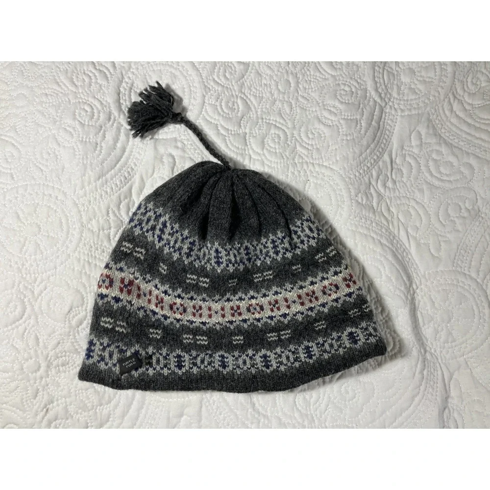 Vintage Turtle Fur Fair Isle Wool Blend Knit Beanie Hat Gray XL Pom Winter USA